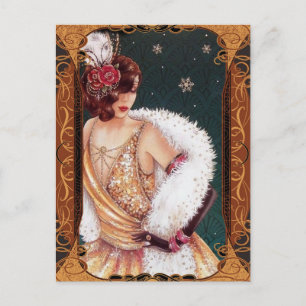 Kerstflappermeisje in een gouden glinsterende jurk briefkaart