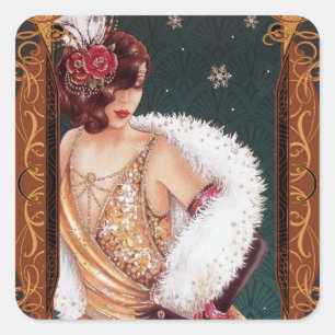 Kerstflappermeisje in een gouden glinsterende jurk vierkante sticker