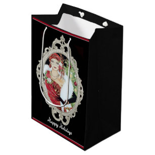 Kerstflappermeisje in schitterende rode en gouden  medium cadeauzakje