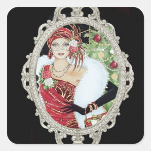 Kerstflappermeisje in schitterende rode en gouden vierkante sticker