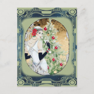 Kerstflappermeisje met drank en boom briefkaart