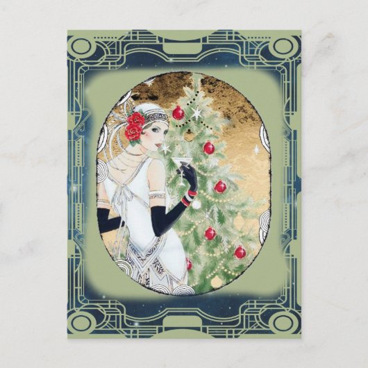 Kerstflappermeisje met drank en boom briefkaart (Voorkant)