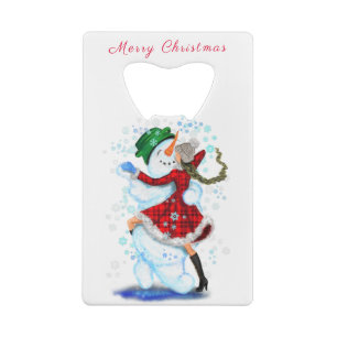 kerstflesopening Snowman en Girl Dance Creditkaart Flessenopener