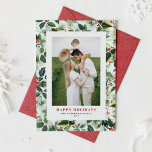 kerstflessenfoto met grijns patroon feestdagenkaart<br><div class="desc">prettige feestdagen! Verstuur vakantiegroeten naar familie en vrienden met deze feestelijke groene platte kaart. Het is voorzien van een waterverf van heiligen en kerstblad. Personaliseer door een verticale foto,  namen en bericht toe te voegen.</div>