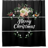 kerstflora met vogels, Merry Christas Douchegordijn (Voorkant)