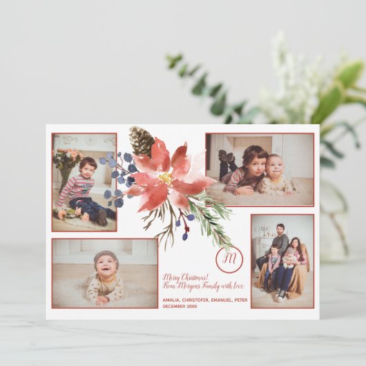 KerstFloral Bouquet Monogram Foto Collage Feestdagenkaart (Staand voorkant)