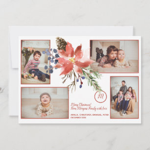 KerstFloral Bouquet Monogram Foto Collage Feestdagenkaart