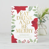 KerstFloral Gold Eat-Drink en BE Merry Party Kaart (Staand voorkant)