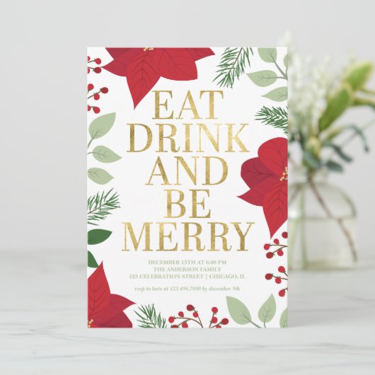 KerstFloral Gold Eat-Drink en BE Merry Party Kaart (Staand voorkant)