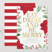 KerstFloral Gold Eat-Drink en BE Merry Party Kaart (Voorkant / Achterkant)