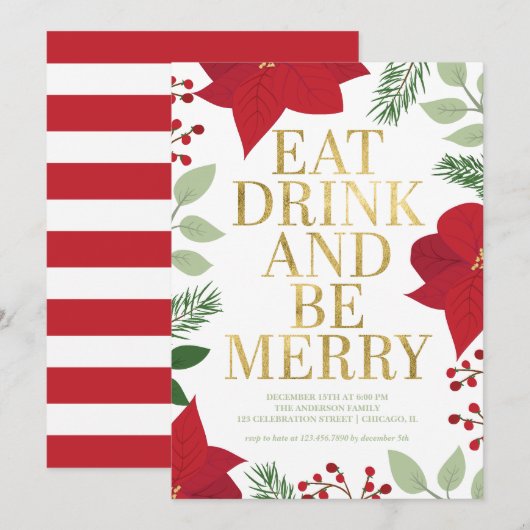 KerstFloral Gold Eat-Drink en BE Merry Party Kaart (Voorkant / Achterkant)