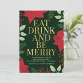 KerstFloral Gold Eat-Drink en BE Merry Party Kaart (Staand voorkant)