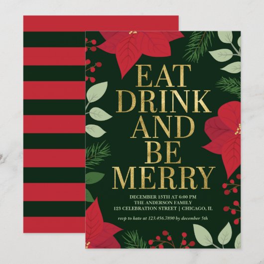 KerstFloral Gold Eat-Drink en BE Merry Party Kaart (Voorkant / Achterkant)