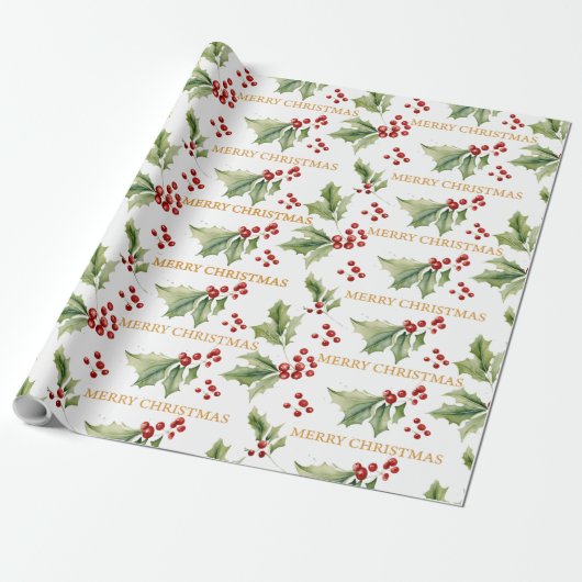KerstFloral Holly Red Berries Cadeaupapier (Uitgerold)