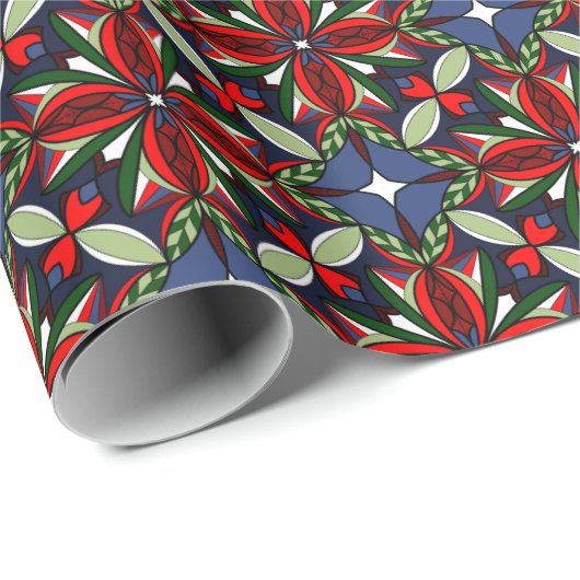 KerstFloral met rood, groen en zeemacht Cadeaupapier (Rol Hoek)