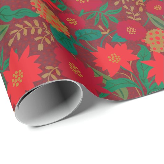 KerstFloral Poinsettia Red Gold Cadeaupapier (Rol Hoek)