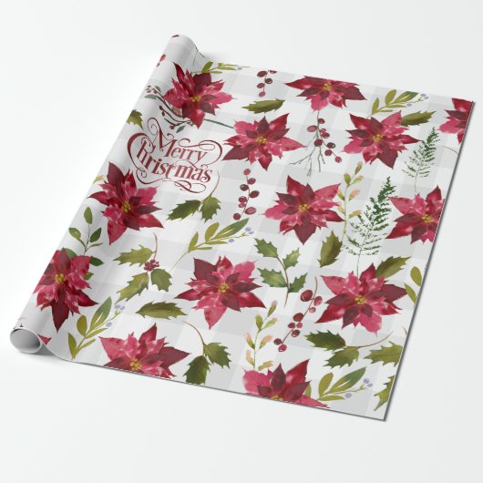 KerstFloral Poinsettia Script Typografie Cadeaupapier (Uitgerold)