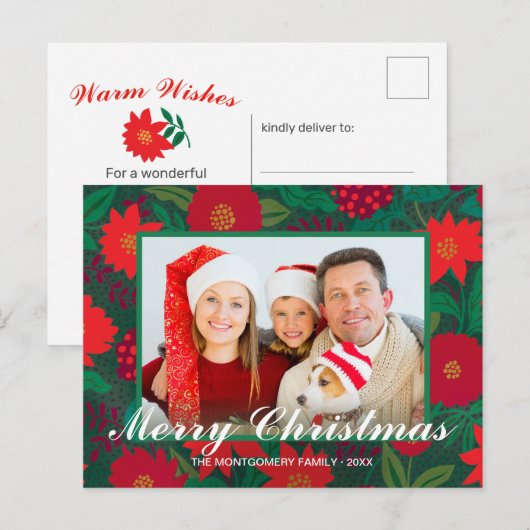 KerstFloral Red Poinsettia Green Family Foto Feestdagenkaart (Voorkant / Achterkant)