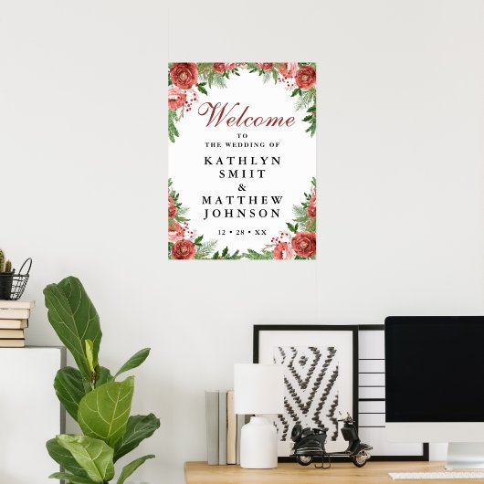 KerstFloral winter bruiloft welkom Poster (Thuiskantoor)