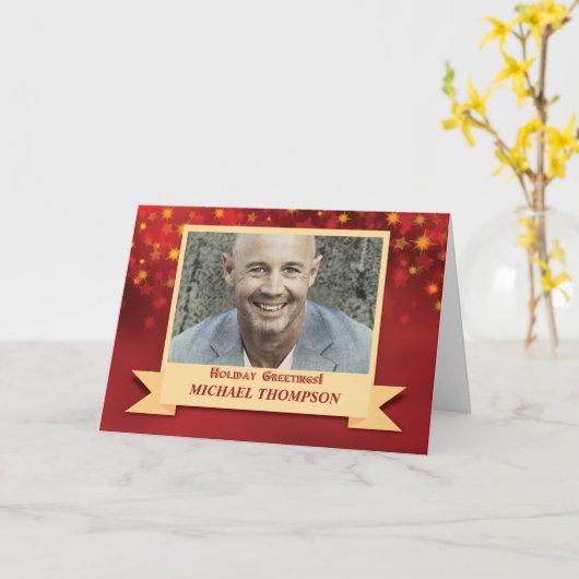 Kerstfoto Aangepaste naam rood met gouden sterren Kaart (Gele Bloem)