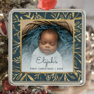 Kerstfoto baby 1e kerst Teal Blauw Goud Loof Metalen Ornament