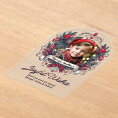 Kerstfoto Blauwgroen rode krans  stijl Joy Acryl Uitnodigingen (Laagn)