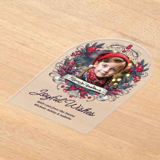 Kerstfoto Blauwgroen rode krans  stijl Joy Acryl Uitnodigingen (Laagn)