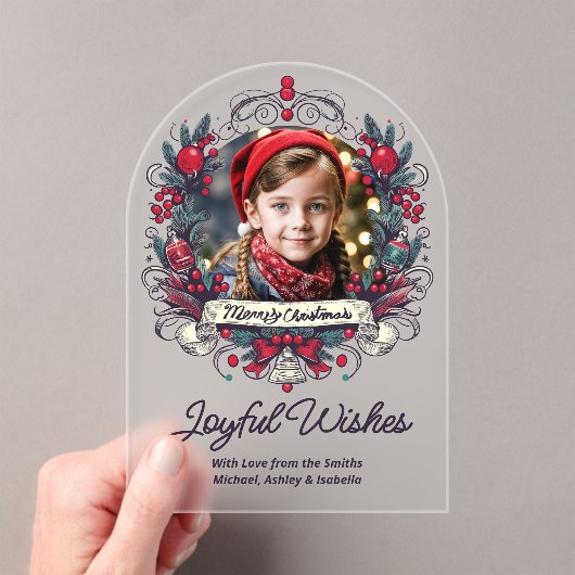 Kerstfoto Blauwgroen rode krans  stijl Joy Acryl Uitnodigingen (Insitu (Draagbaar))