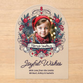 Kerstfoto Blauwgroen rode krans  stijl Joy Acryl Uitnodigingen (Voorkant)