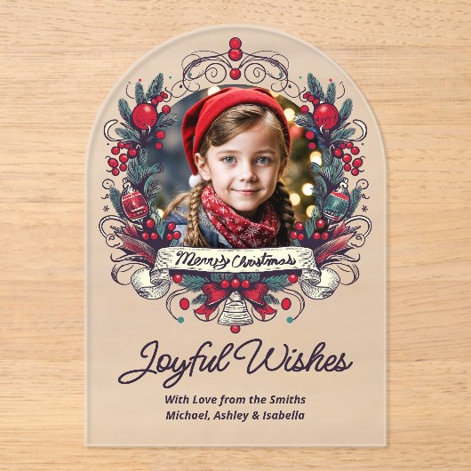 Kerstfoto Blauwgroen rode krans  stijl Joy Acryl Uitnodigingen (Voorkant)