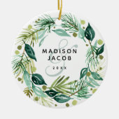 kerstfoto Boho Greenery Wreath Names Couple Keramisch Ornament (Voorkant)