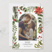 Kerstfoto Boog Waterverf Rode bessen Bloemen Feestdagenkaart (Voorkant)