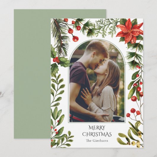 Kerstfoto Boog Waterverf Rode bessen Bloemen Feestdagenkaart (Voorkant / Achterkant)