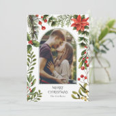 Kerstfoto Boog Waterverf Rode bessen Bloemen Feestdagenkaart (Staand voorkant)