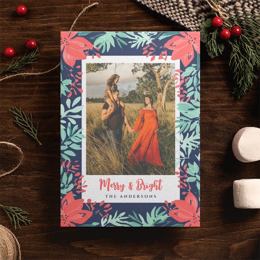 Kerstfoto Botanische Rode Bloemen Blauw Feestdagenkaart