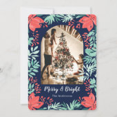 Kerstfoto Botanische Rode Bloemen Blauw Feestdagenkaart (Voorkant)