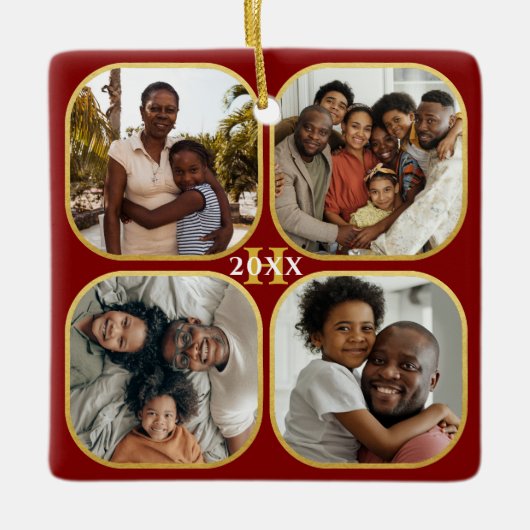 Kerstfoto Collage Monogram Gold Red Keramisch Ornament (Voorkant)