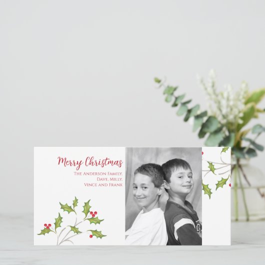 Kerstfoto Elegante Botanische Hulstbessen Feestdagenkaart (Staand voorkant)
