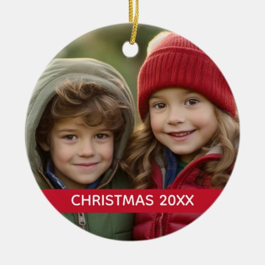 Kerstfoto en Jaar Moderne Minimale Rode Stripe Keramisch Ornament (Voorkant)