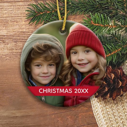 Kerstfoto en Jaar Moderne Minimale Rode Stripe Keramisch Ornament