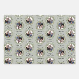 Kerstfoto en kalligrafie op filialen inpakpapier vel