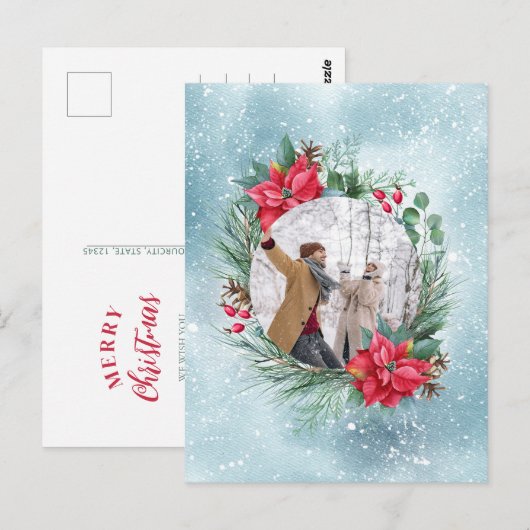 Kerstfoto familie bloemenkrans briefkaart (Voorkant / Achterkant)