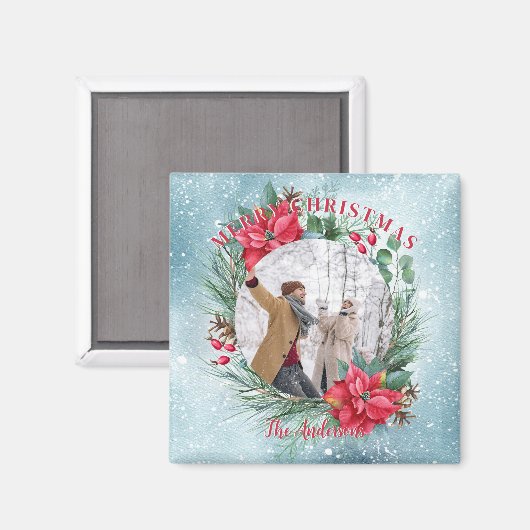 Kerstfoto familie bloemenkrans magneet (Voorkant / Achterkant)