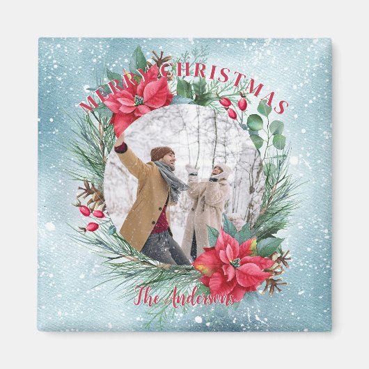 Kerstfoto familie bloemenkrans magneet (Voorkant)