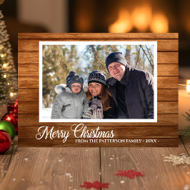 kerstfoto Familienaam Rustic Wood 2 Sided Kaart