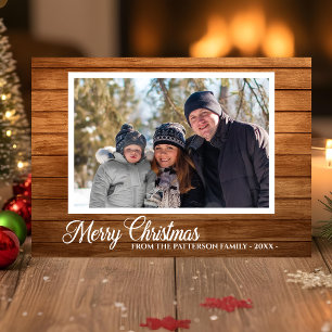 kerstfoto Familienaam Rustic Wood 2 Sided Kaart