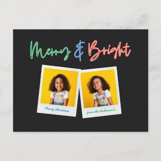 Kerstfoto, felle moderne kleurrijke neeuw feestdagenkaart (Voorkant)