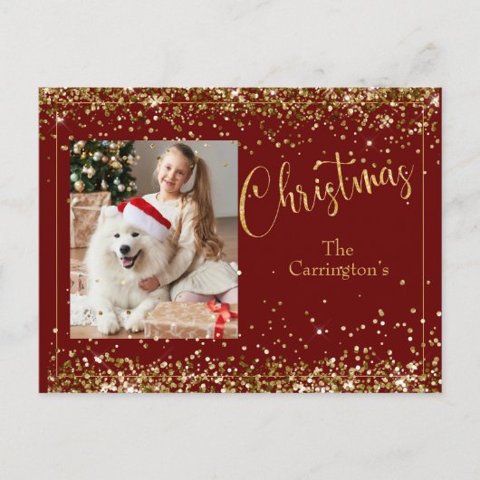 Kerstfoto Gold Glitter Script Holiday Briefkaart (Voorkant)