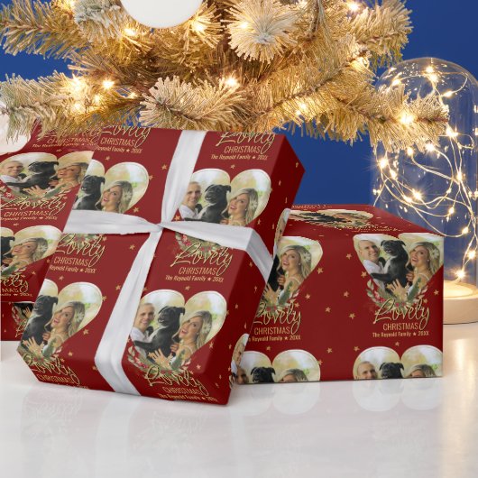 Kerstfoto Gold Glitter Star Lovely Red Cadeaupapier (Feestdagen)