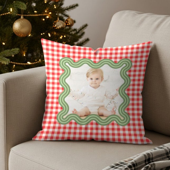 Kerstfoto Golvende Groene Rand Gingham Kerstmis Kussen (Creator heeft geüpload)